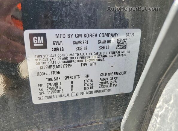 KL79MRSL5MB177996 2021 CHEVROLET TRAILBLAZER Black VIN sticker view