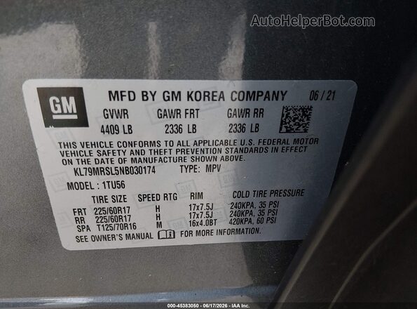 KL79MRSL5NB030174 2022 CHEVROLET TRAILBLAZER Gray Vista del compartimento del motor