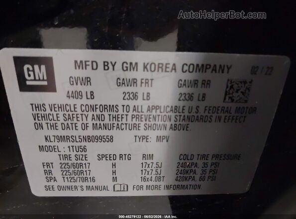 KL79MRSL5NB099558 2022 CHEVROLET TRAILBLAZER Black ძრავის განყოფილების ხედი