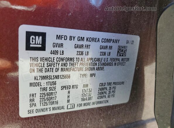 KL79MRSL5NB125656 2022 CHEVROLET TRAILBLAZER Brown VIN sticker view