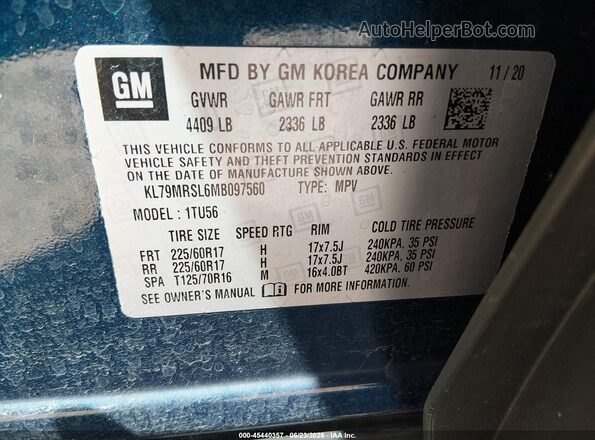 KL79MRSL6MB097560 2021 CHEVROLET TRAILBLAZER Blue ძრავის განყოფილების ხედი