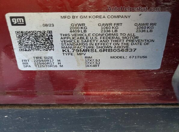 KL79MRSL6RB056837 2024 CHEVROLET TRAILBLAZER Burgundy VIN sticker view