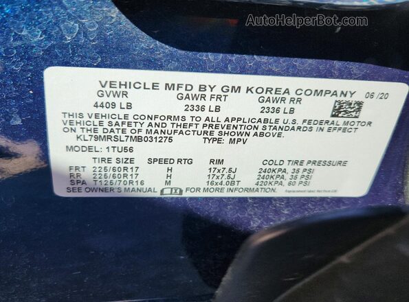 KL79MRSL7MB031275 2021 CHEVROLET TRAILBLAZER Blue Вид наклейки з VIN-кодом