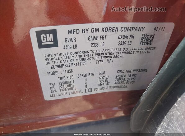 KL79MRSL7MB141176 2021 CHEVROLET TRAILBLAZER Orange Engine compartment view