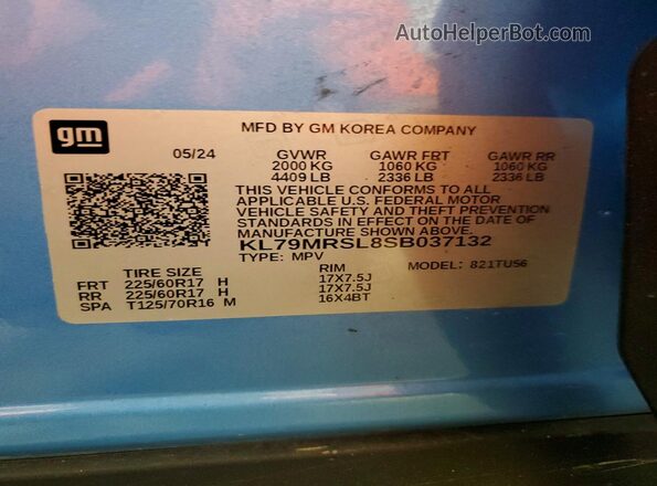 KL79MRSL8SB037132 2025 CHEVROLET TRAILBLAZER Blue VIN կոդի պիտակի տեսք