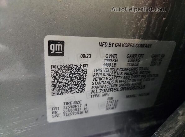 KL79MRSL9RB062518 2024 CHEVROLET TRAILBLAZER Gray Вид наклейки з VIN-кодом