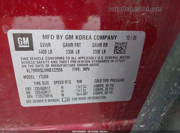 KL79MRSLXMB122556 2021 CHEVROLET TRAILBLAZER Red ძრავის განყოფილების ხედი