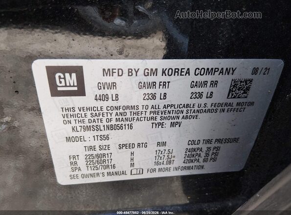 KL79MSSL1NB056116 2022 CHEVROLET TRAILBLAZER Black Շարժիչի բաժամունքի տեսք