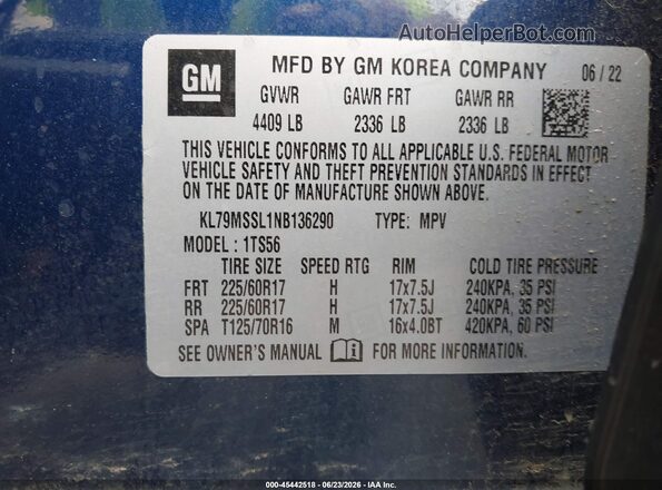 KL79MSSL1NB136290 2022 CHEVROLET TRAILBLAZER Blue Vista del compartimento del motor