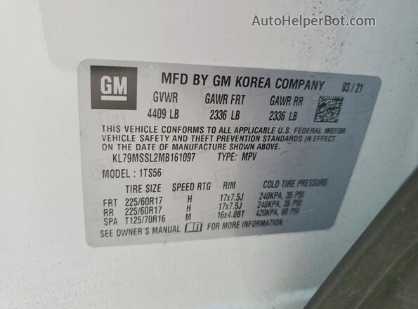 KL79MSSL2MB161097 2021 CHEVROLET TRAILBLAZER White Вид наклейки з VIN-кодом