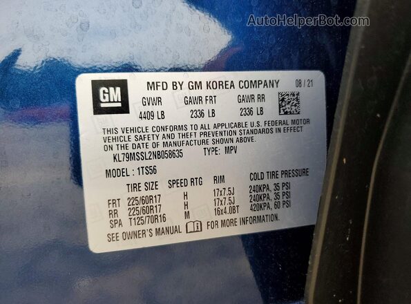 KL79MSSL2NB058635 2022 CHEVROLET TRAILBLAZER Blue 