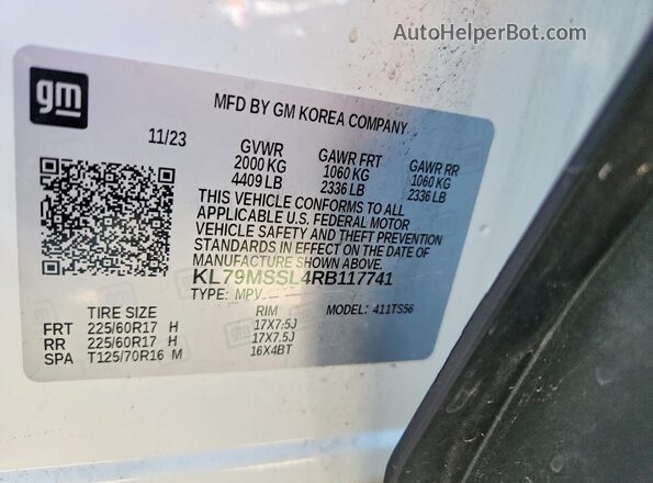 KL79MSSL4RB117741 2024 CHEVROLET TRAILBLAZER White Вид наклейки з VIN-кодом