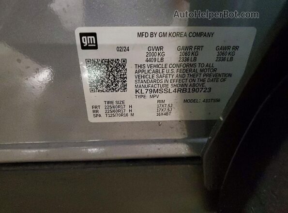 KL79MSSL4RB190723 2024 CHEVROLET TRAILBLAZER Silver VIN კოდის სტიკერის ხედი