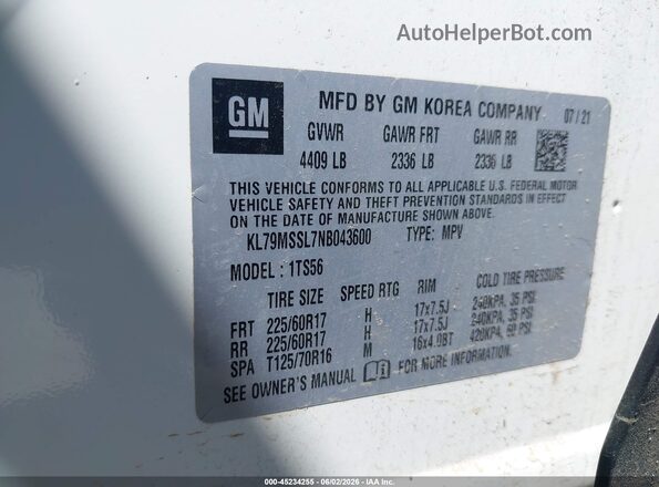 KL79MSSL7NB043600 2022 CHEVROLET TRAILBLAZER White Շարժիչի բաժամունքի տեսք