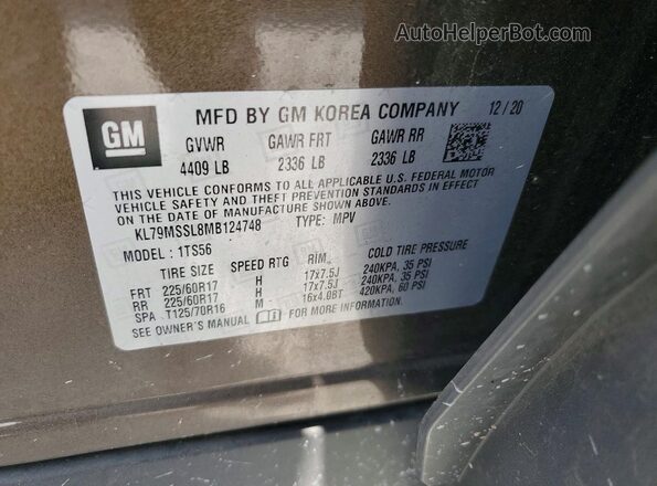 KL79MSSL8MB124748 2021 CHEVROLET TRAILBLAZER Brown VIN კოდის სტიკერის ხედი