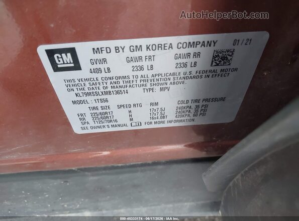 KL79MSSLXMB136514 2021 CHEVROLET TRAILBLAZER Orange Engine compartment view