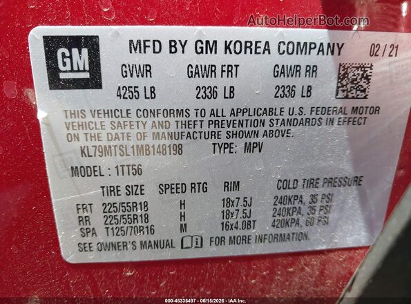 KL79MTSL1MB148198 2021 CHEVROLET TRAILBLAZER Maroon Вид підкапотного простору