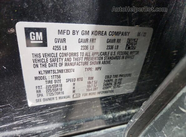 KL79MTSL3NB139374 2022 CHEVROLET TRAILBLAZER Black VIN sticker view