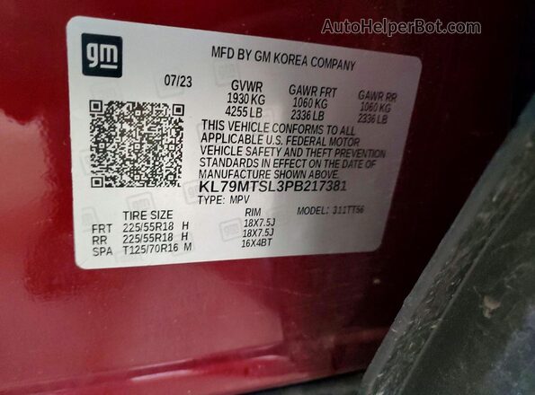KL79MTSL3PB217381 2023 CHEVROLET TRAILBLAZER Red Вид наклейки з VIN-кодом