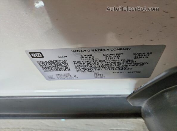 KL79MTSL3SB142920 2025 CHEVROLET TRAILBLAZER White VIN კოდის სტიკერის ხედი