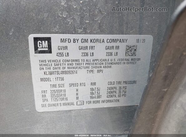 KL79MTSL4MB092614 2021 CHEVROLET TRAILBLAZER Gray Vista del compartimento del motor