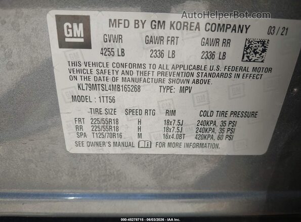 KL79MTSL4MB165268 2021 CHEVROLET TRAILBLAZER Gray Vista del compartimento del motor