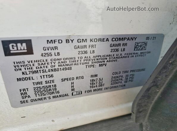 KL79MTSL4NB014948 2022 CHEVROLET TRAILBLAZER White VIN կոդի պիտակի տեսք
