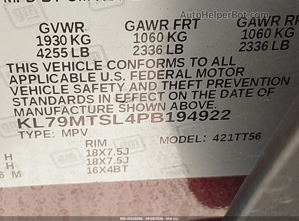 KL79MTSL4PB194922 2023 CHEVROLET TRAILBLAZER Burgundy Engine compartment view