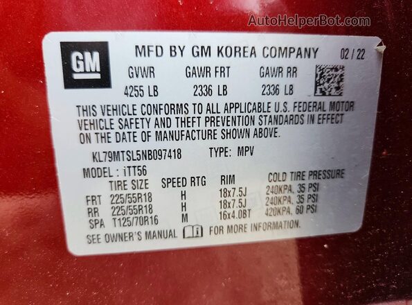 KL79MTSL5NB097418 2022 CHEVROLET TRAILBLAZER Red Панорамний вид салону 360°