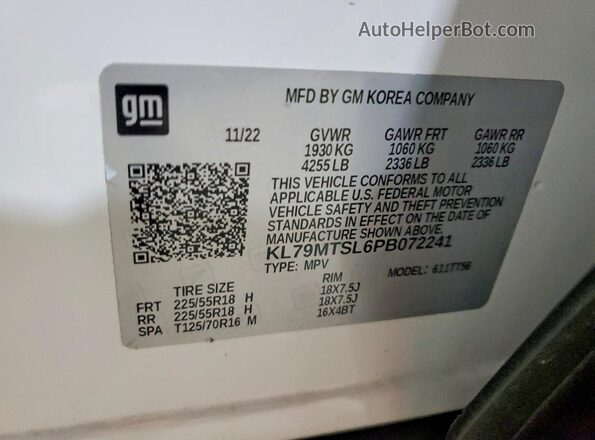 KL79MTSL6PB072241 2023 CHEVROLET TRAILBLAZER White VIN კოდის სტიკერის ხედი