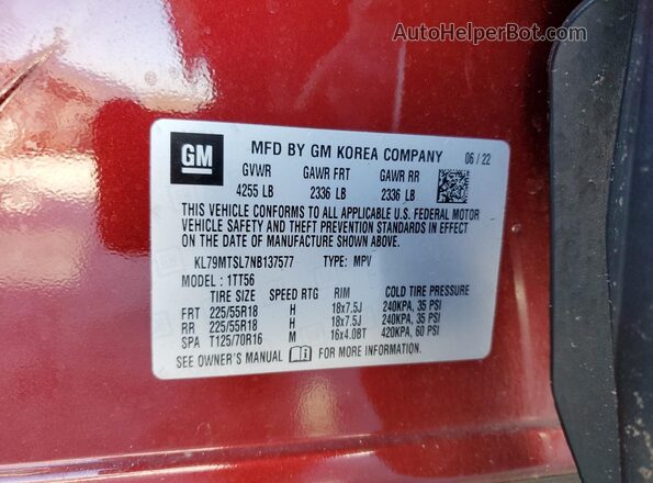 KL79MTSL7NB137577 2022 CHEVROLET TRAILBLAZER Burgundy VIN sticker view