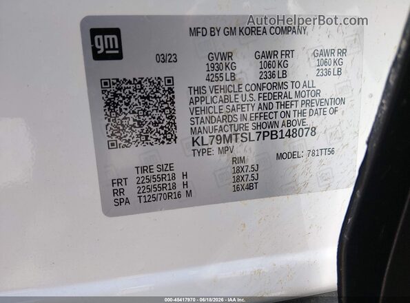 KL79MTSL7PB148078 2023 CHEVROLET TRAILBLAZER White Vista del compartimento del motor
