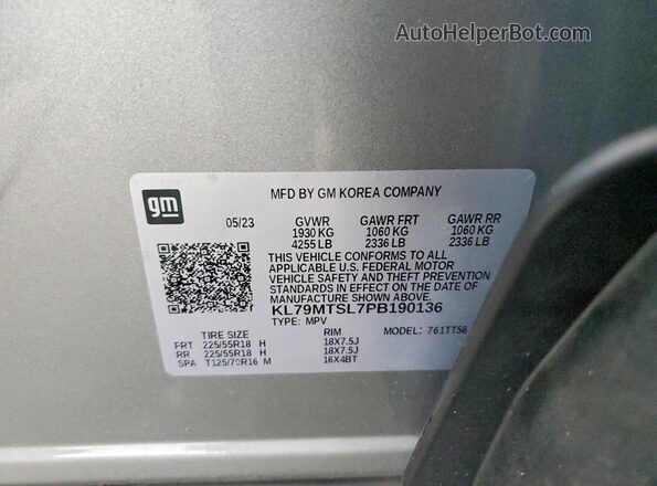 KL79MTSL7PB190136 2023 CHEVROLET TRAILBLAZER Gray VIN sticker view