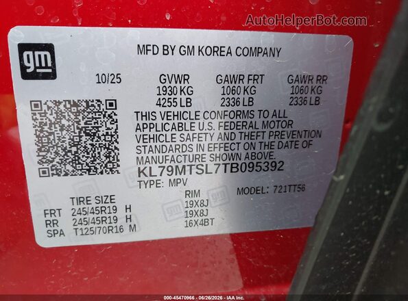 KL79MTSL7TB095392 2026 CHEVROLET TRAILBLAZER Red ძრავის განყოფილების ხედი