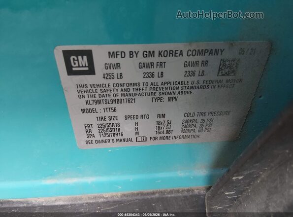 KL79MTSL9NB017621 2022 CHEVROLET TRAILBLAZER Blue Вид підкапотного простору