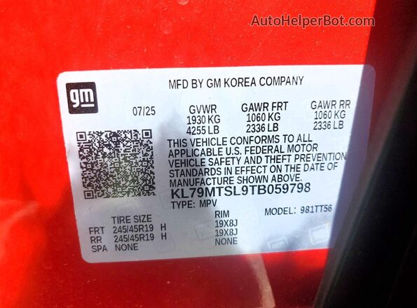 KL79MTSL9TB059798 2026 CHEVROLET TRAILBLAZER Red Вид наклейки з VIN-кодом