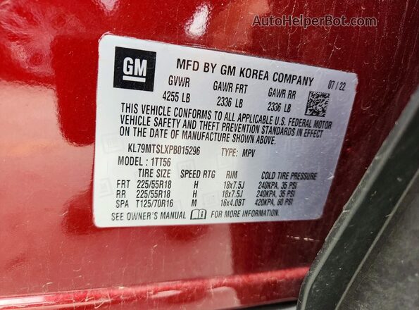 KL79MTSLXPB015296 2023 CHEVROLET TRAILBLAZER Red Vista de la etiqueta del VIN