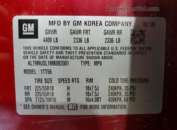 KL79MUSL1MB082001 2021 CHEVROLET TRAILBLAZER Red VIN sticker view