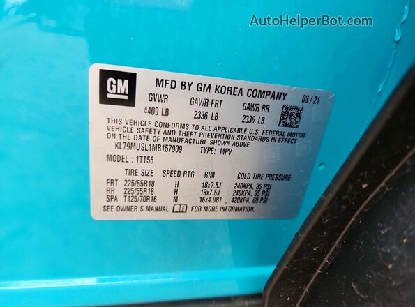 KL79MUSL1MB157909 2021 CHEVROLET TRAILBLAZER Turquoise VIN sticker view