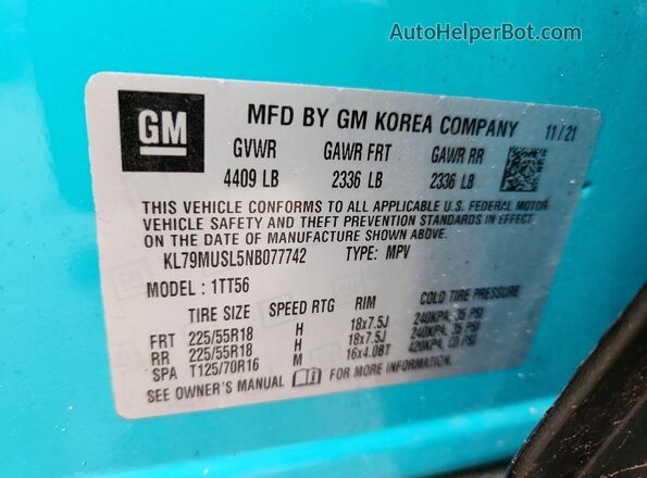 KL79MUSL5NB077742 2022 CHEVROLET TRAILBLAZER Blue 