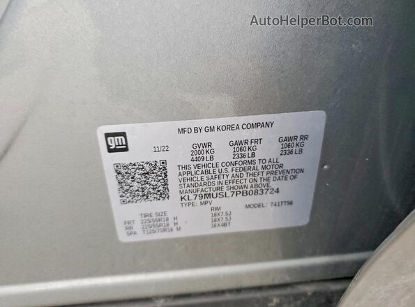 KL79MUSL7PB083724 2023 CHEVROLET TRAILBLAZER Gray VIN კოდის სტიკერის ხედი