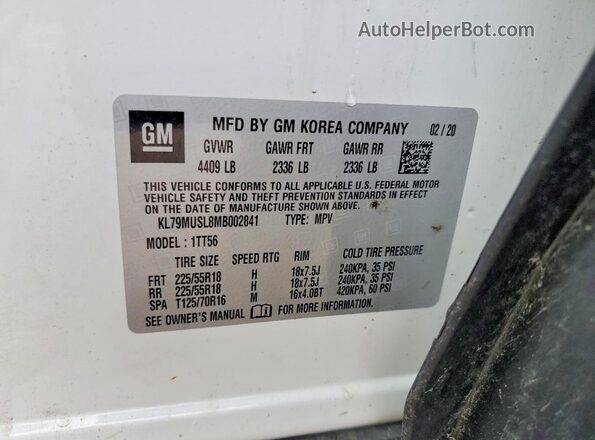 KL79MUSL8MB002841 2021 CHEVROLET TRAILBLAZER White 
