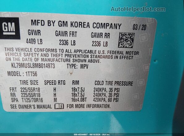 KL79MUSL8MB014973 2021 CHEVROLET TRAILBLAZER Turquoise Engine compartment view