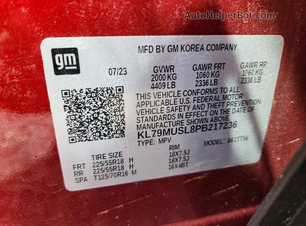KL79MUSL8PB217236 2023 CHEVROLET TRAILBLAZER Red Vista de la etiqueta del VIN