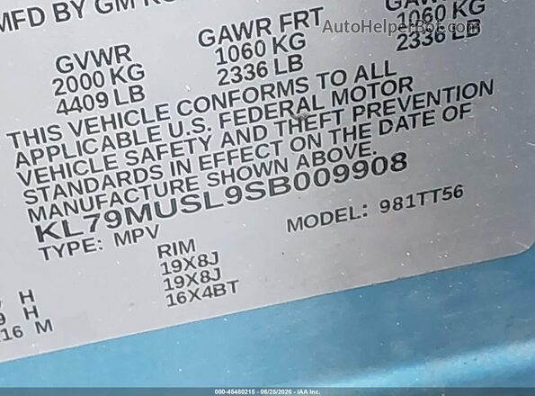 KL79MUSL9SB009908 2025 CHEVROLET TRAILBLAZER Синий Вид подкапотного пространства