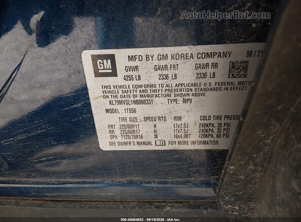 KL79MVSL1NB060331 2022 CHEVROLET TRAILBLAZER Blue Շարժիչի բաժամունքի տեսք