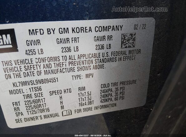 KL79MVSL9NB094551 2022 CHEVROLET TRAILBLAZER Blue Շարժիչի բաժամունքի տեսք