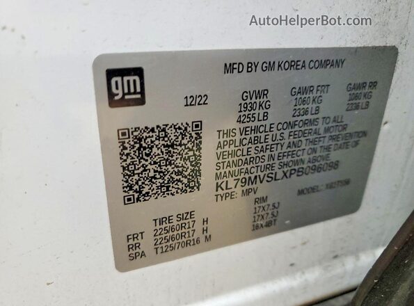 KL79MVSLXPB096098 2023 CHEVROLET TRAILBLAZER White Вид наклейки з VIN-кодом