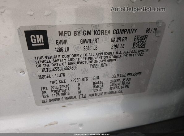 KL7CJKSB0LB024695 2020 CHEVROLET TRAX Silver Widok komory silnika