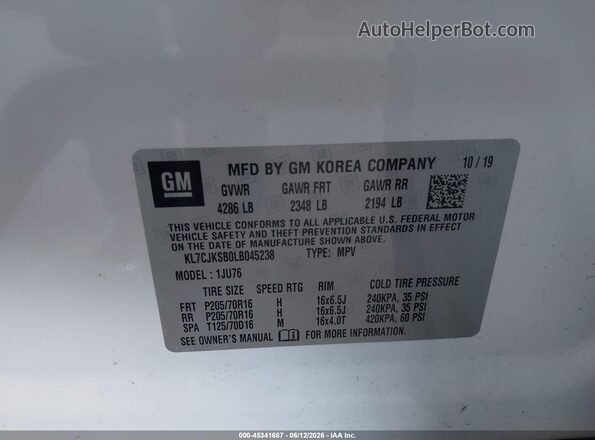 KL7CJKSB0LB045238 2020 CHEVROLET TRAX White Widok komory silnika